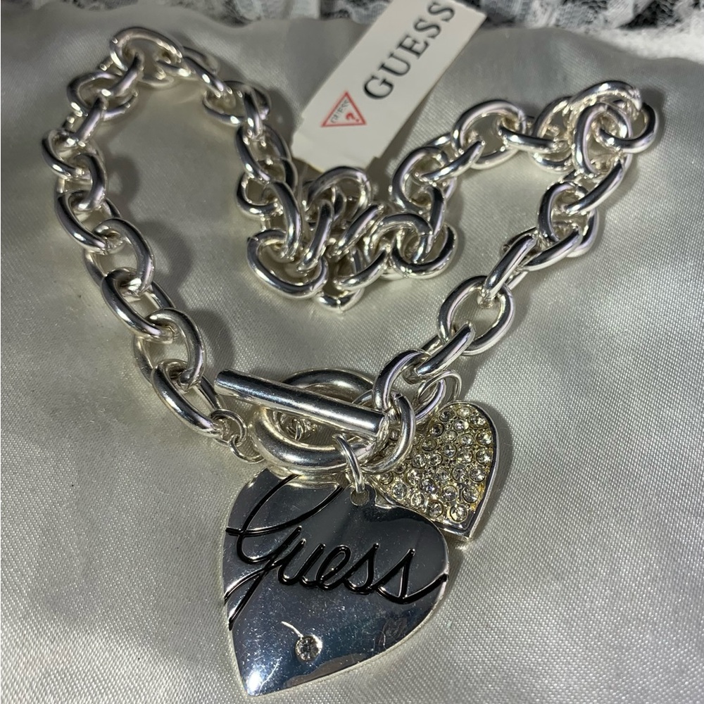GUESS Silver Tone Front Toggle Clasp Heart  Charm Necklace